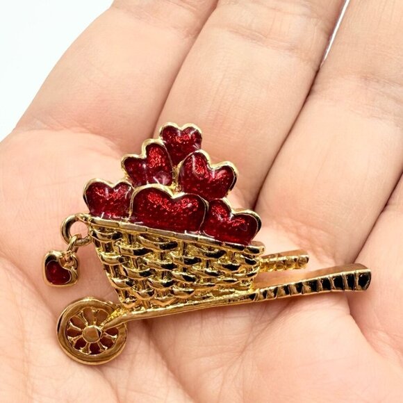 Vintage Five Red Gold Tone Enamel Strawberry Jelly Cherry Heart Brooches Lot - Picture 9 of 12